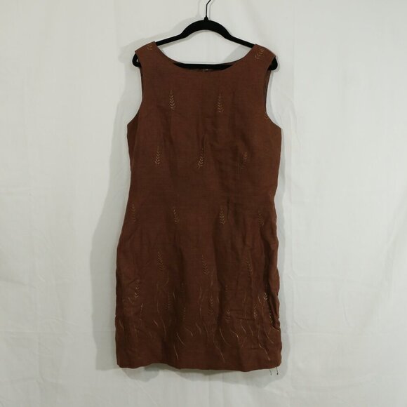 John Roberts 100% Linen Sleeveless Sheath Dress Brown Size 12 Lined - Picture 2 of 8